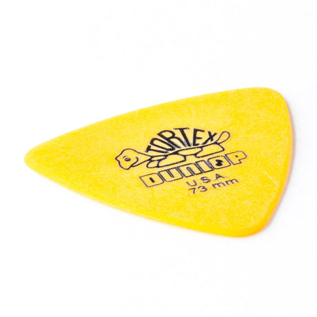 Yellow guitar pick with Dunlop branding on a white background