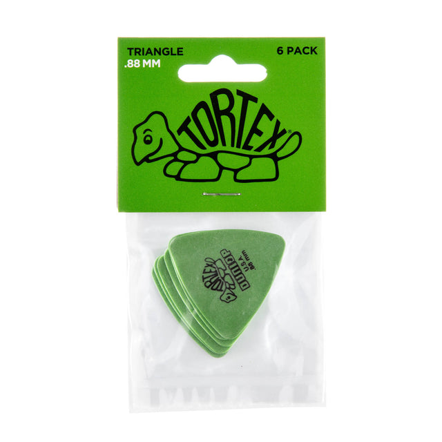 Pack of green guitar picks with Tortex branding on a white background