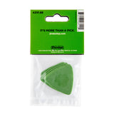 Green guitar picks in a Dunlop packaging with branding and product details.