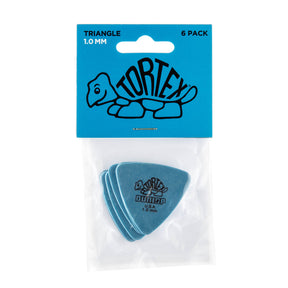 Pack of Dunlop Tortex Triangle guitar picks with blue packaging.