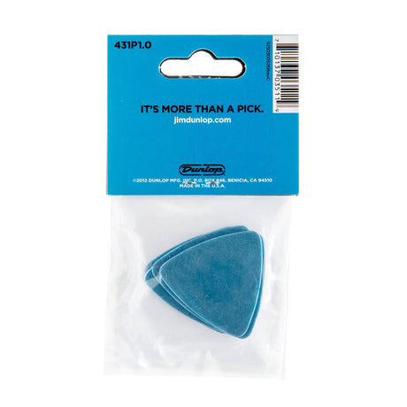 Blue guitar pick in packaging with Dunlop branding and text.