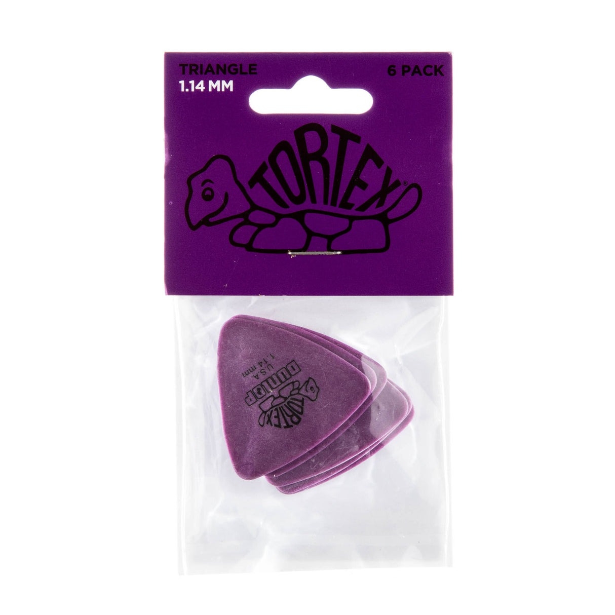 Pack of Tortex guitar picks with a purple triangle pick visible, on a white background