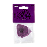 Pack of Tortex guitar picks with a purple triangle pick visible, on a white background