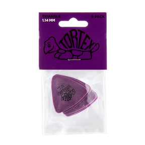 Pack of Tortex guitar picks with a purple triangle pick visible, on a white background