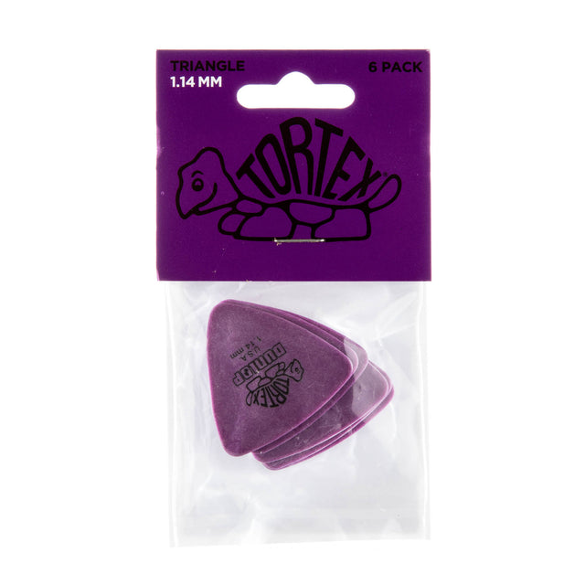 Pack of Tortex guitar picks with a purple triangle pick visible, on a white background
