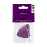 Purple guitar pick in clear packaging with Jim Dunlop branding on a white background