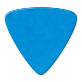 Blue triangular guitar pick on a white background