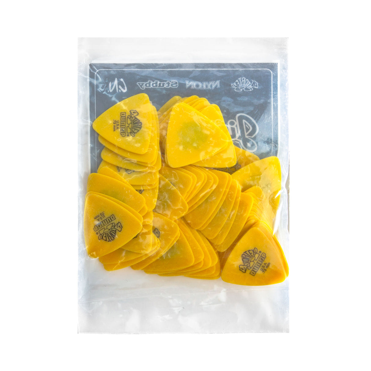 Pack of yellow guitar picks with a clear plastic bag on a white background