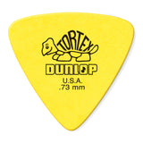 Yellow guitar pick with Dunlop branding on a white background