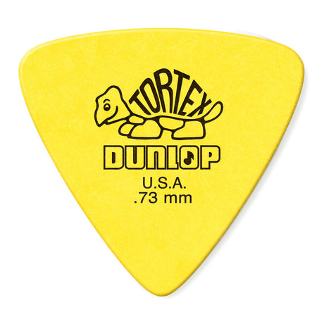 Yellow guitar pick with Dunlop branding on a white background