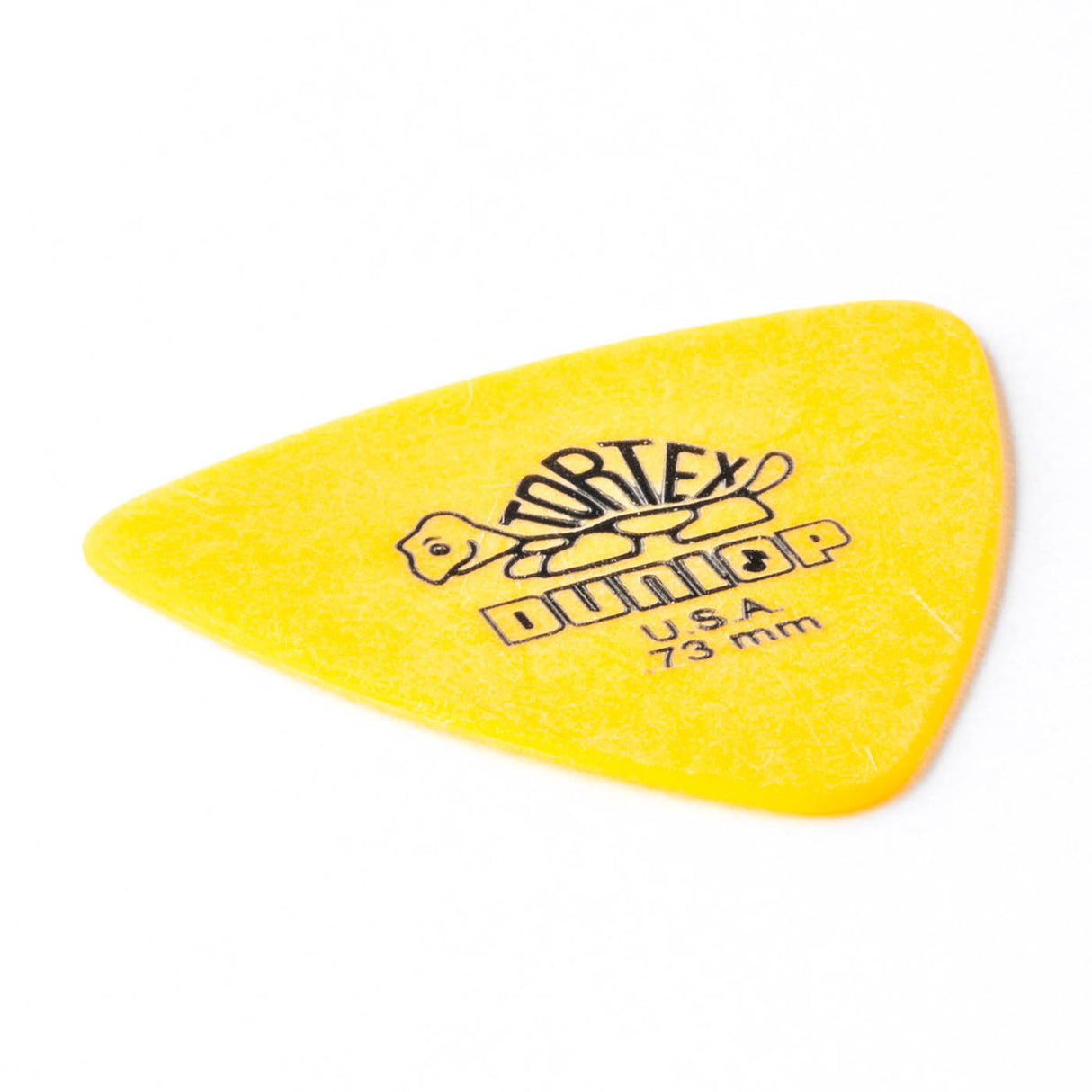 Yellow guitar pick with Dunlop branding on a white background