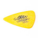 Yellow guitar pick with Dunlop branding on a white background