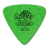 Green guitar pick with Dunlop branding on a white background