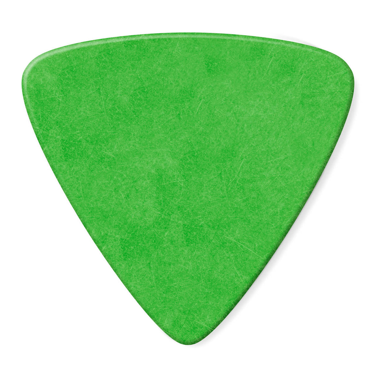 Green triangular guitar pick on a white background