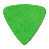 Green triangular guitar pick on a white background