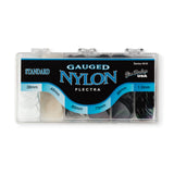 Box of gauged Dunlop nylon picks with clear packaging on a white background