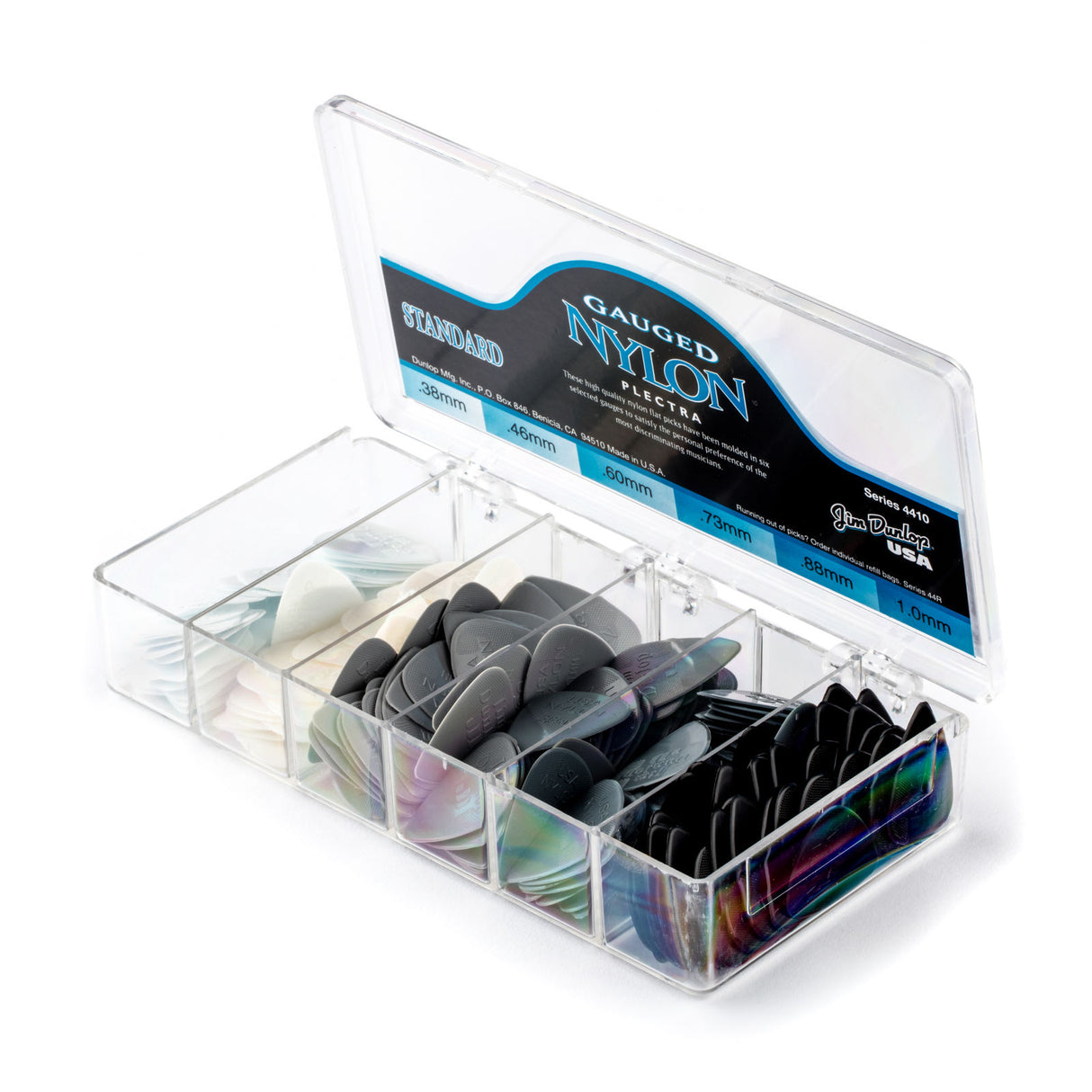 Box of Dunlop guitar picks with clear lid showing brand name on a white background