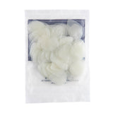A clear plastic bag filled with guitar picks on a white background