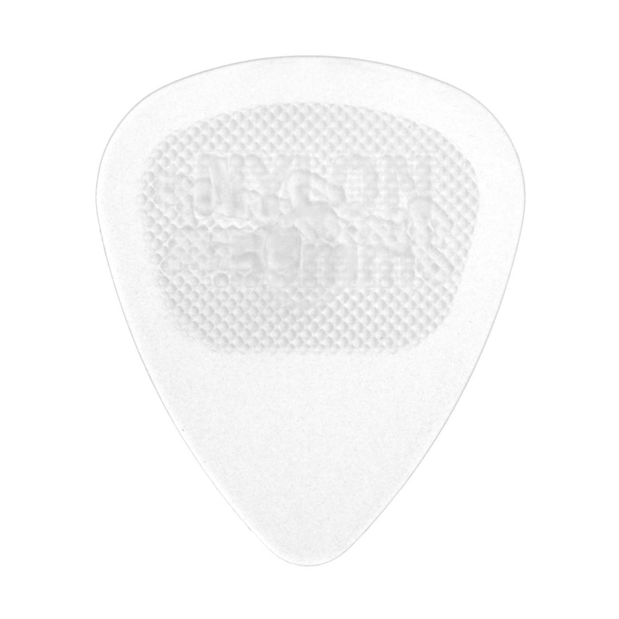 A clear nylon guitar pick on a white background