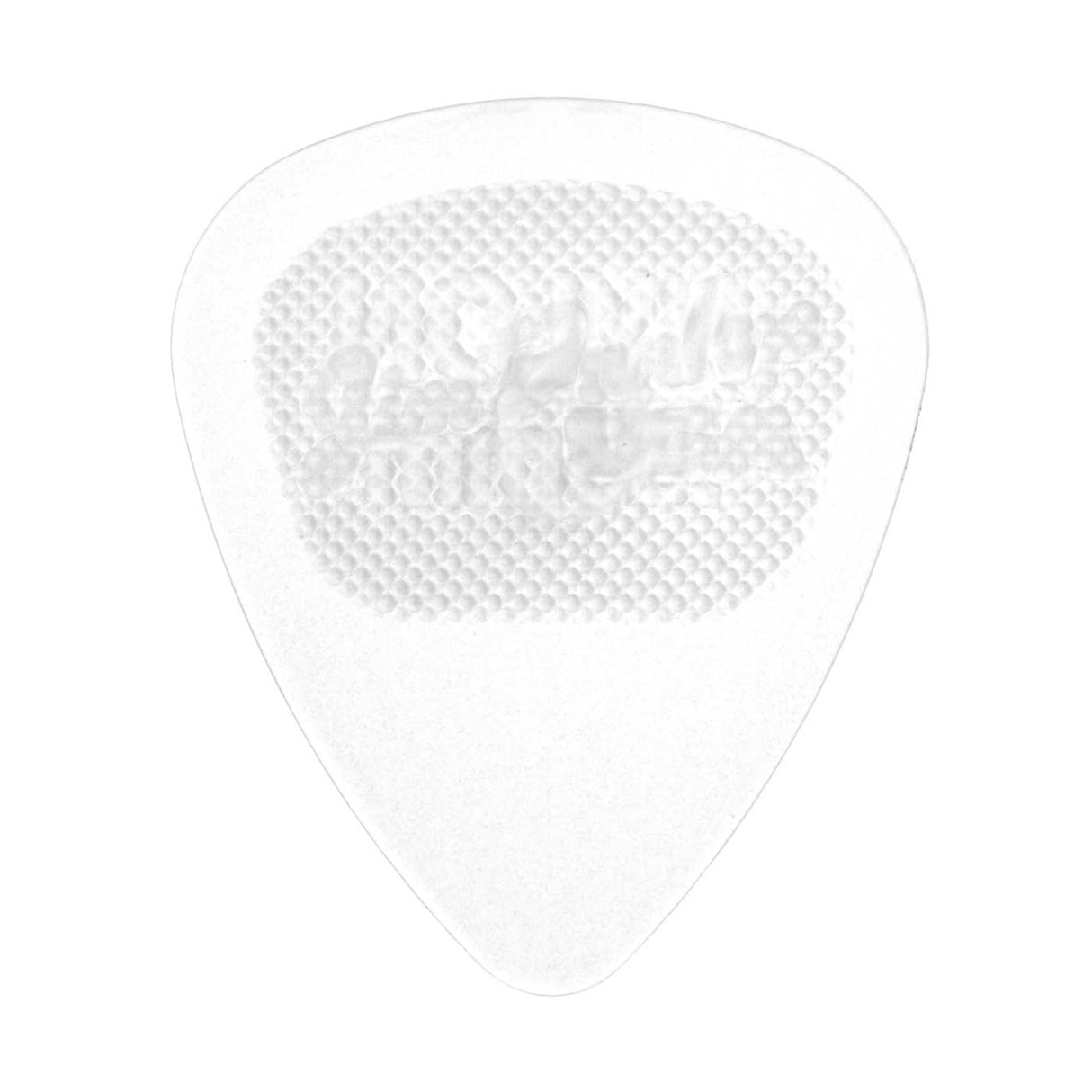 A clear nylon guitar pick on a white background