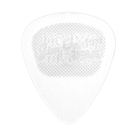 A clear nylon guitar pick on a white background