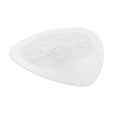 A clear nylon guitar pick on a white background