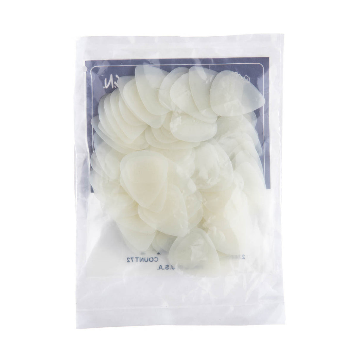 A plastic bag filled with guitar picks on a white background