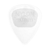A clear nylon guitar pick on a white background