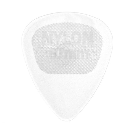A clear nylon guitar pick on a white background