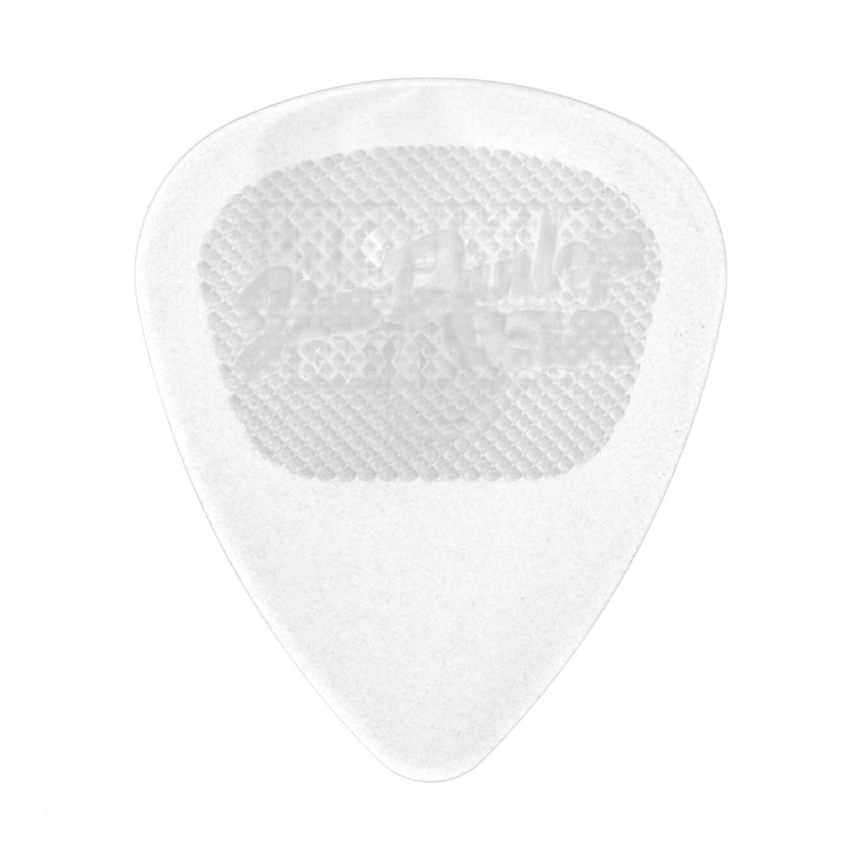 A clear nylon guitar pick on a white background