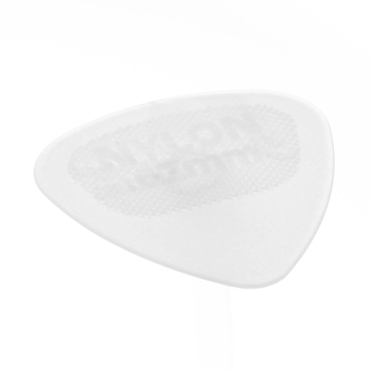 A clear nylon guitar pick on a white background