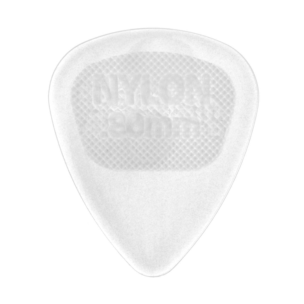 A clear nylon guitar pick on a white background