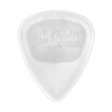 A clear nylon guitar pick on a white background