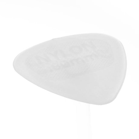 A clear nylon guitar pick on a white background