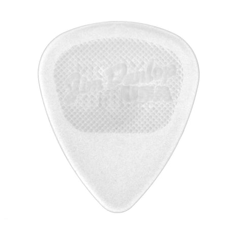 A clear guitar pick with Jim Dunlop branding on a white background