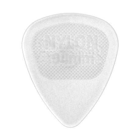 A clear guitar pick on a white background