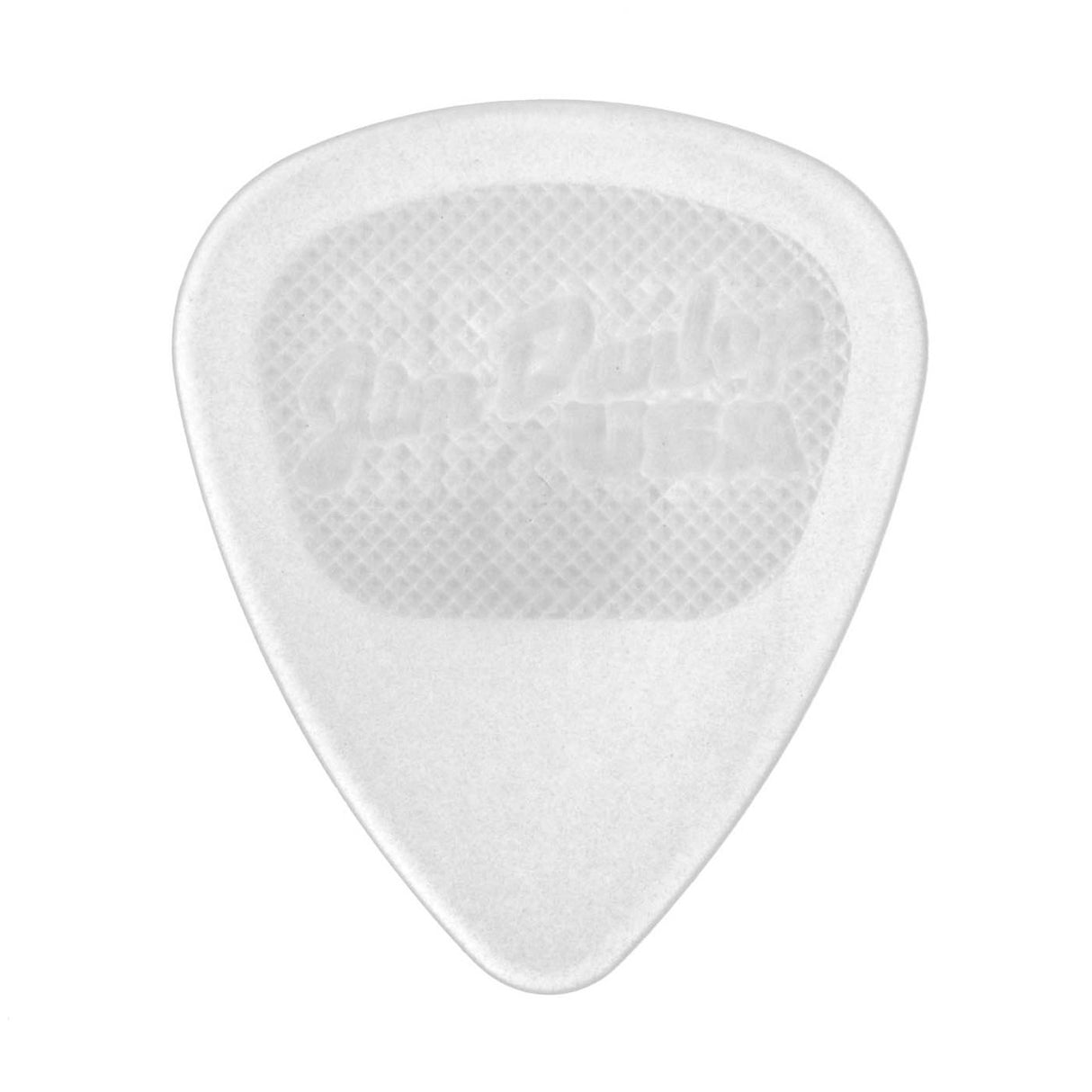 A clear guitar pick with Jim Dunlop branding on a white background