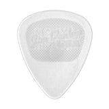 A clear guitar pick with Jim Dunlop branding on a white background