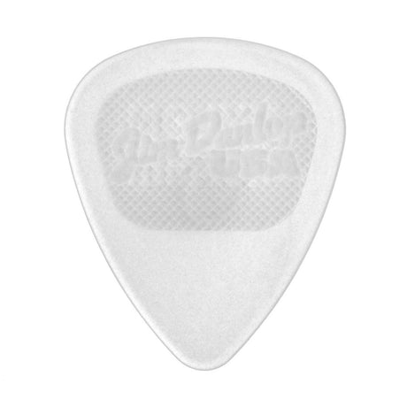 A clear guitar pick with Jim Dunlop branding on a white background