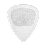 A clear guitar pick with Nylon 1.07mm branding on a white background
