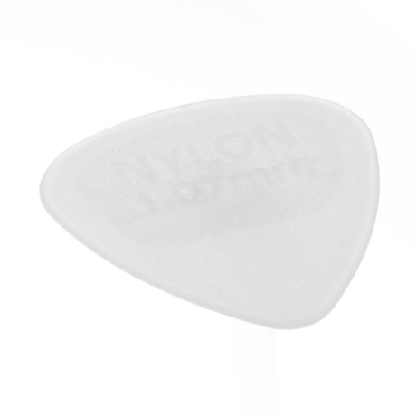 A clear guitar pick on a white background