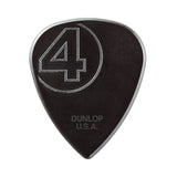 A black Dunlop guitar pick with the number '4' inside a semi-circle design on a white background
