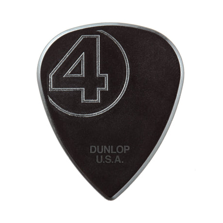A black Dunlop guitar pick with the number '4' inside a semi-circle design on a white background