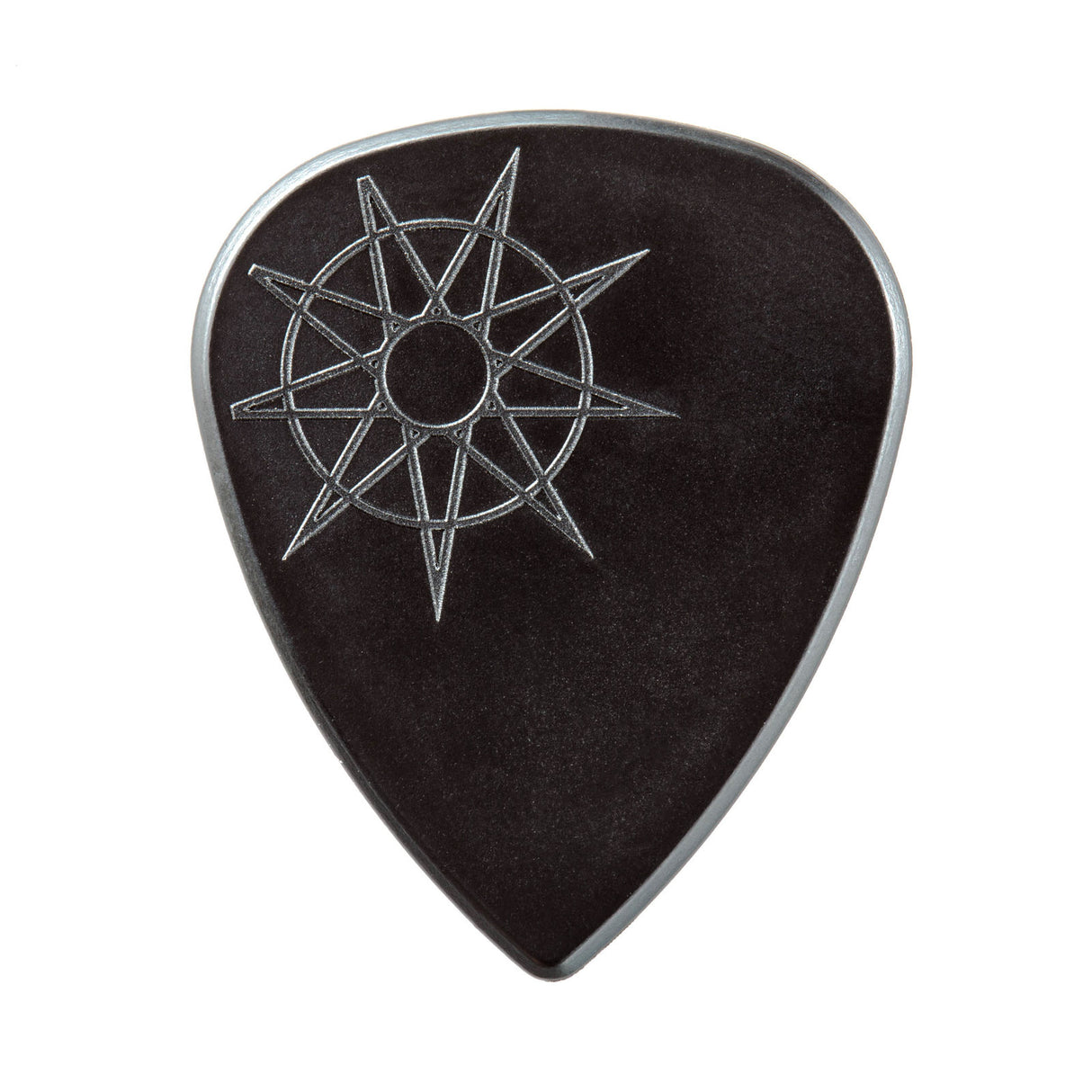 A black guitar pick with a circular star design on a white background