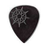 A black guitar pick with a circular star design on a white background