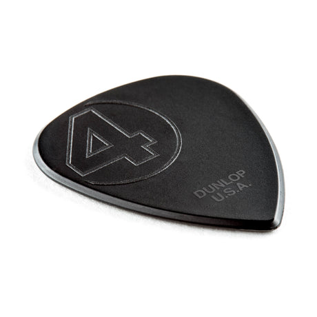 A black Dunlop guitar pick with the number '4' inside a semi-circle design on a white background