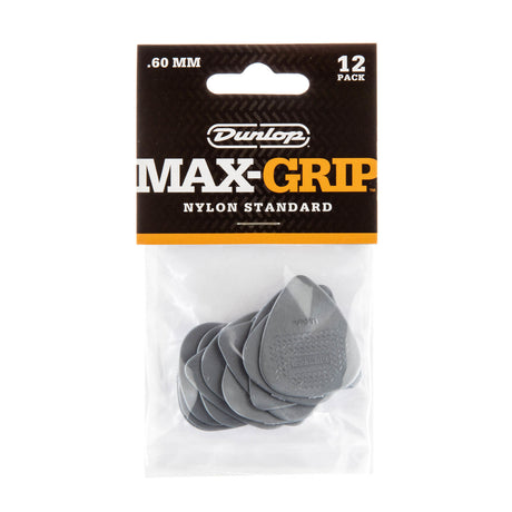 A package of Dunlop Max-Grip guitar picks with picks visible inside a plastic bag on a white background