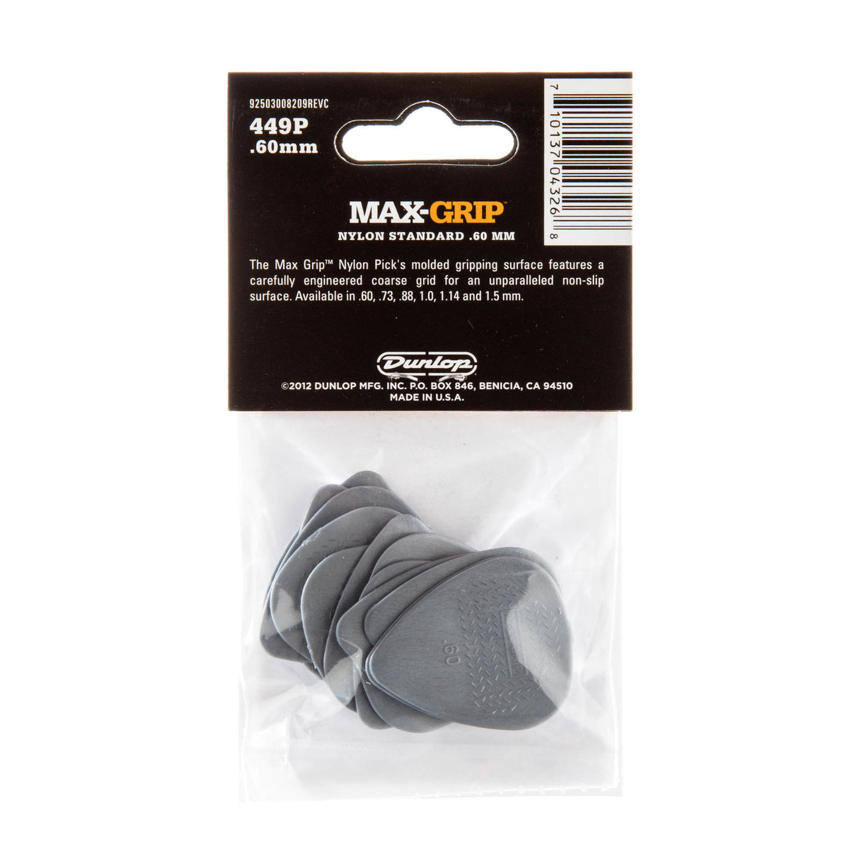 The backside of packaging for Dunlop Max-Grip with brand details and picks visible - on a white background