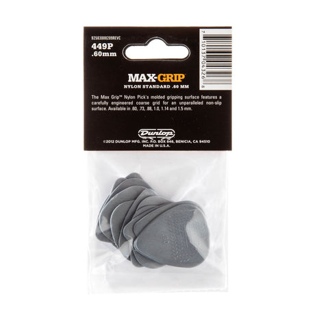 The backside of packaging for Dunlop Max-Grip with brand details and picks visible - on a white background