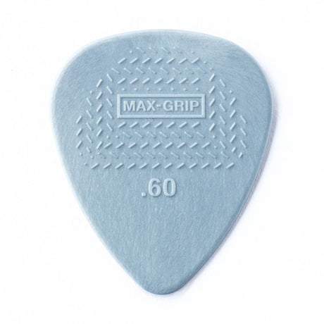 A gray guitar pick with Max-Grip and .60 branding on a white background